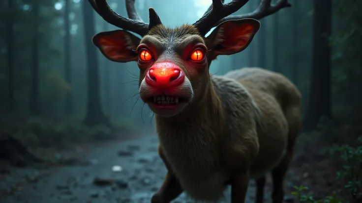 meth addicted rudolph the rednosed reindeer, he is skinny, filthy dark brown fur is dry and blemished, blood shot eyes, wicked grin, shark-like teeth, nose glows neon red