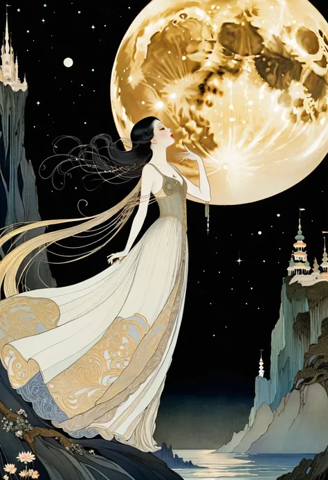  Supreme Masterpiece、The Distorted World of Mental Patients 、 The Passion of a Woman Who Stared at the Moon for a Long Time,by Kay Nielsen,  picture book illustration that exists above  ,  Art Nouveau Style , The Golden Age of Illustration ,pure black back...