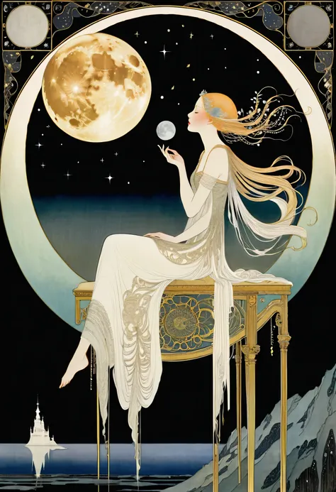  Supreme Masterpiece、The Distorted World of Mental Patients 、 The Passion of a Woman Who Stared at the Moon for a Long Time,by Kay Nielsen,  picture book illustration that exists above  ,  Art Nouveau Style , The Golden Age of Illustration ,pure black back...