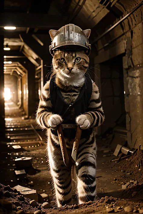  Image of an anthropomorphic cat working in mining .  The cat is wearing a mine worker's helmet ,  safety vests ,  and carries a shovel or a small ax .  The atmosphere of the mine is visible in the background with piles of stones and the characteristic dim...