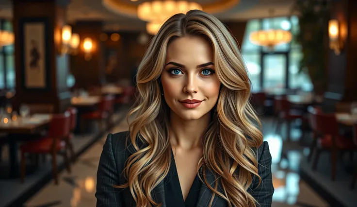 A 42-year-old woman with long, wavy blonde hair and striking blue eyes. She has a deceptive yet charming smile, hiding a sense of guilt and secrecy. She is wearing an elegant yet slightly casual outfit, such as a fitted blazer over a stylish blouse, with s...