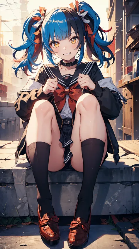 seishonagon, 1girl, solo, yellow eyes, twintails, solo, blue hair, multicolored hair, (black hair, red hair), jacket, collar, serafuku, sailor collar, bowtie, red bow, obi, black socks, knee socks, red footwear, nail polish, grin,(sitting with knees up, sp...