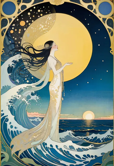  Supreme Masterpiece、 Mental Patient's Distorted Worldview 、 The Passion of a Woman Who Stared at the Sun for a Long Time,by Kay Nielsen,  picture book illustration that exists above  ,  Art Nouveau Style , The Golden Age of Illustration ,Pure Blue Backgro...