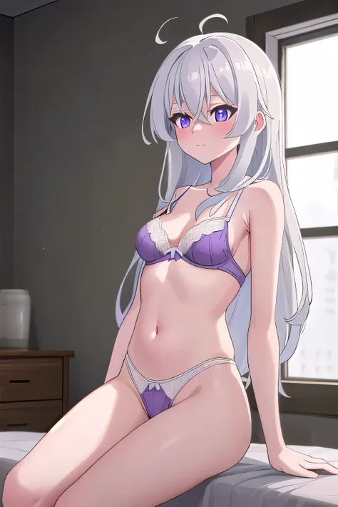 , {Elaina_Mayonotabitab:1.10}, far away_Hair, fringe, Hair_between_eyes, blue_eyes,  gray_Hair,  White _Hair, Locked_Hair,  purple_eyes, 1 ,  wearing sexy body lingerie 