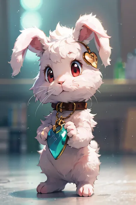  A rabbit in the foreground with a Valentine's Day heart .

_rabbit:  the rabbit is pink ,  its fur is fluffy and long ,  ratio his big and expressive eyes have long eyelashes ,  his extremely adorable and cute red eyes look tenderly at the camera ,  his s...