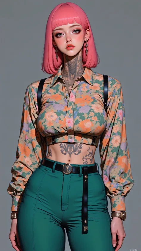 8k, masterpiece, highest quality, Korea's Beautiful Women, Three-quarter view, pink hair, large eyes, defined cheekbones, subtle smile, neck tattoo, floral shirt, teal pants, knee rips, earrings, bracelet, confident pose, hand on hip, muted gray backgroun...