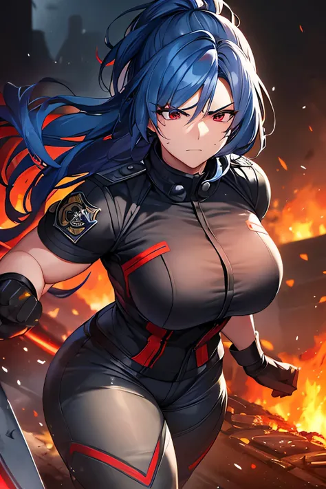 A highly detailed portrait of a tall, muscular female firefighter with striking blue hair flowing in the wind. She is wearing a black and red firefighter suit with visible soot and battle damage, holding a large fire axe in one hand. Her expression is fier...