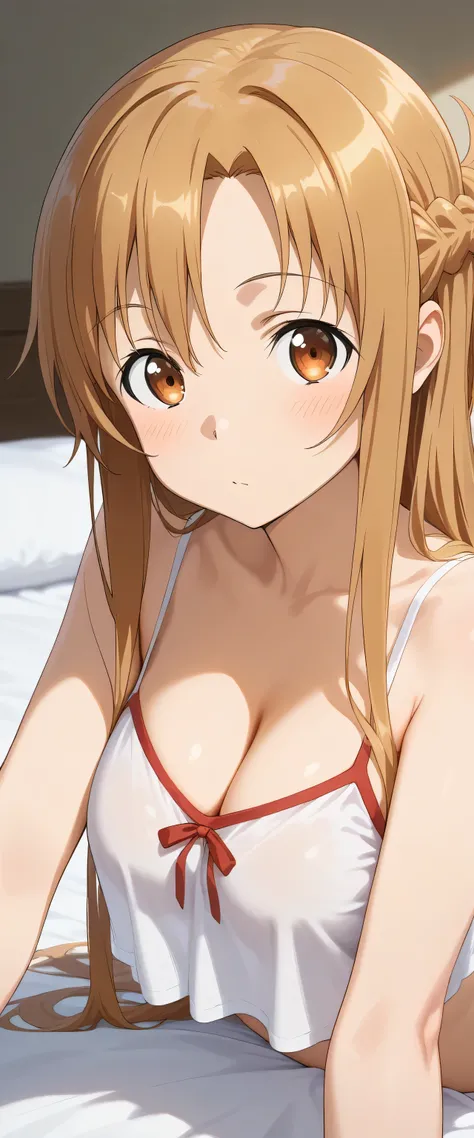 best quality, good quality, amazing quality, very aesthetic, absurdres, masterpiece, 1girl, aaasuna, long hair, brown hair, braid, brown eyes, breastplate, ((white Camisole, crop top overhang, Cleavage, transparent)) cool face, looking at viewer, laydown o...