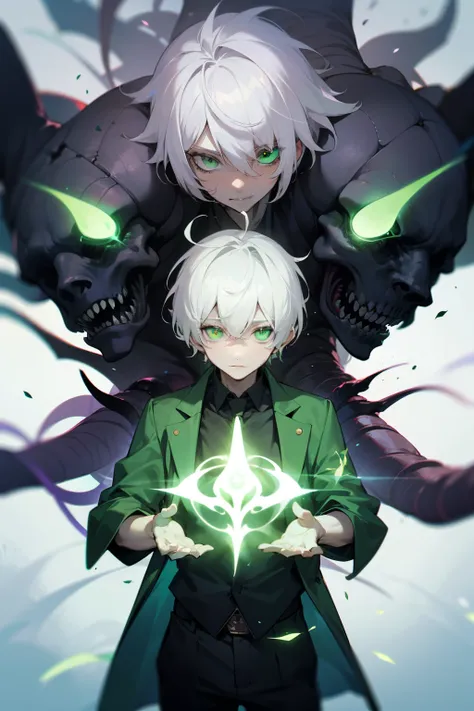 Boy, white hair, green eyes, green aura around him, eldritch eyes behind