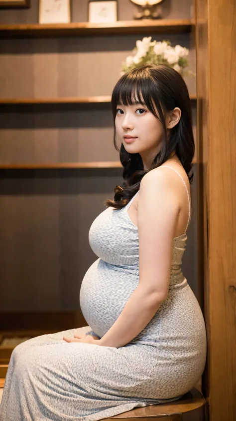 masterpiece, Best Quality, 8K,looking at the viewer,Japanese Lady,20 years old, huge pregnant, Voluptuous, closet background, fishtail dress, hime cut hairstyles, sitting 