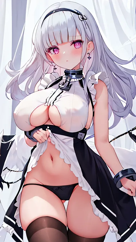   Best Quality ,  masterpiece, dido_azurlane， long_hair,  hairband , breasts, large_breasts, bangs, blush, purple_eyes, black_ hairband , sleeveless,  grey_hair, underboob, maid, jewelry, earrings, pink_eyes, white_hair，navel，bare shoulders，clarge breasts，...