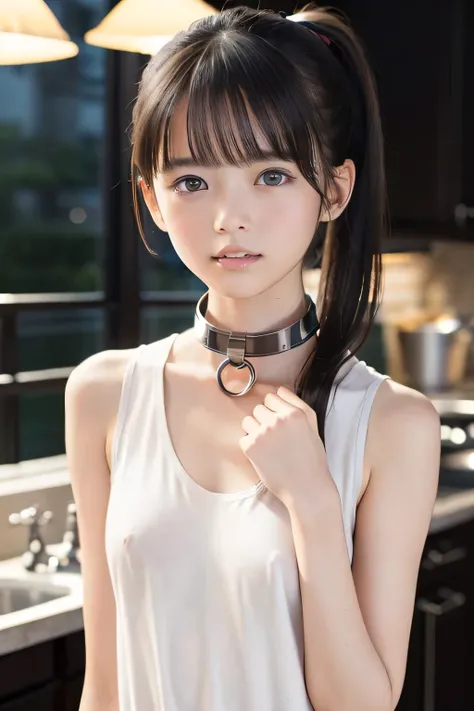 (8k,  RAW photo,  photorealistic:1.25), (looking at viewer, Messy hair, disheveled wet Hair, wet short ponytail hair, very short hair:1.8), (white headband:1.5), (cleavage, flat chest, covered nipples, white tank top, white running short pants, Track and f...