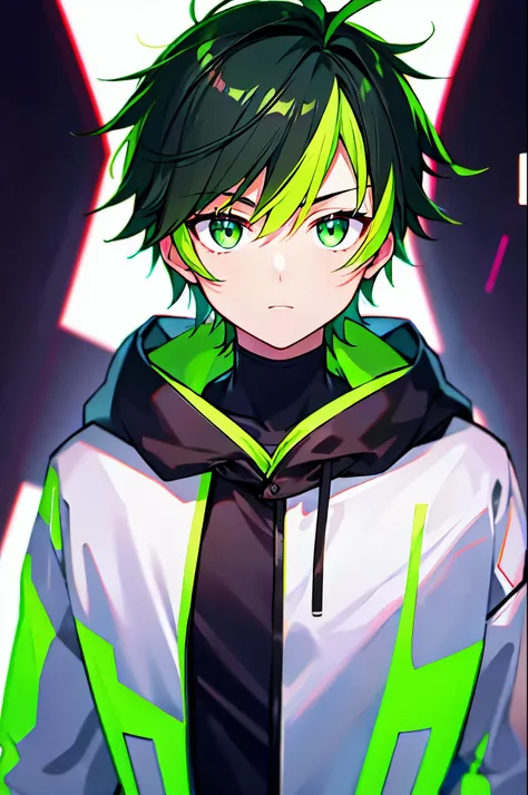 [(WHITE BACKGROUND:1.5),::5], (((masterpiece))), high quality, ultra_very_high_resolution, large_filesize, ((upper body)), (green base), full color, (solo), ((little younger boy)), ((men's black short hair)), green eyes, anime, neon light, black parka,