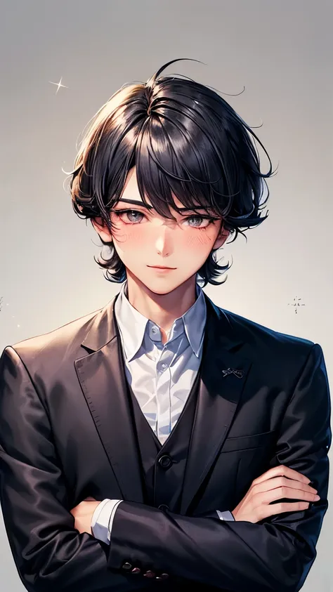 A 25 years old Japanese innocent and active boy (( boy’s body:1.3)), black extra very short silky smooth hair(( voluminous  straight hair ))(( much shaggy lob forelock:1.3)),((gray formal suit)), sparkly blue big round droopy eyes, blush, gentle and stiff ...