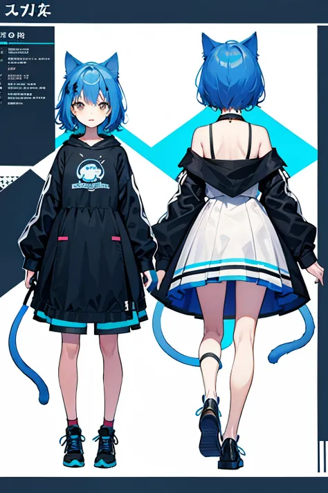  Long Sleeve　 full body standing picture　 facing the front　　 girl with blue hair　Cat ears　 illustrations　Brown skin　Front view and rear view　 medium hair seen from above