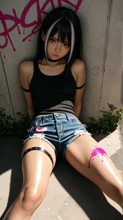 1girl, black hair, brown eyes , solo, tank top, denim shorts, choker, graffiti paint splatter, arms behind back, slouching, leaning back, against wall, looking at viewer, armband, thigh strap, streaked hair, paint on body, upturned eyes, head down, head ti...