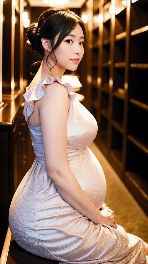 masterpiece, Best Quality, 8K,looking at the viewer,Japanese Lady,20 years old, huge pregnant, Voluptuous, luxury closet background, fishtail dress, chignon hairstyles, sitting 