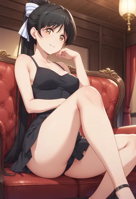 An image of Ren Hazuki with long black hair and a ponytail , with medium breasts in a short tight black dress sitting with her legs open in a hotel room posing erotically,  ready to make love.