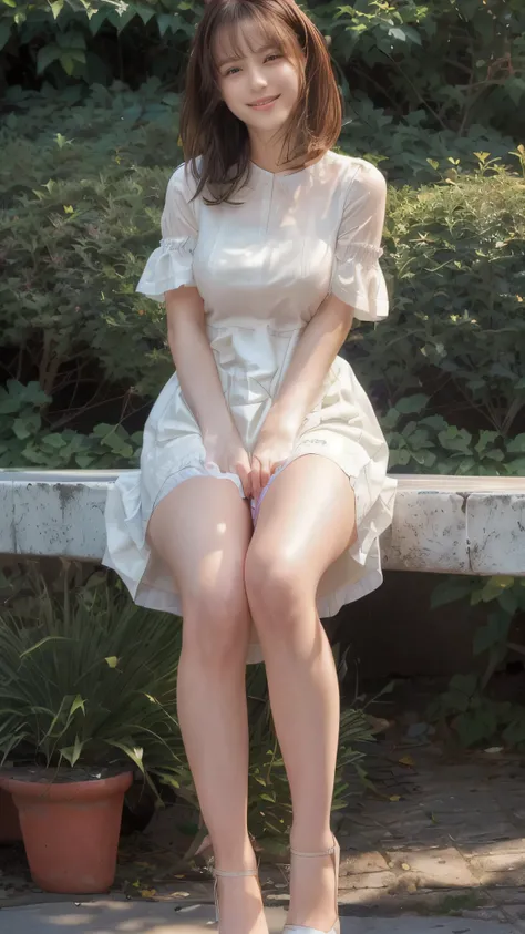 araffe woman sitting on a bench in a white dress, wearing a cute white dress, pretty face with arms and legs, wearing white dress, wearing a white dress, wearing a wet white short dress, legs visible, wearing a white flowing dress, beautiful legs, wearing ...