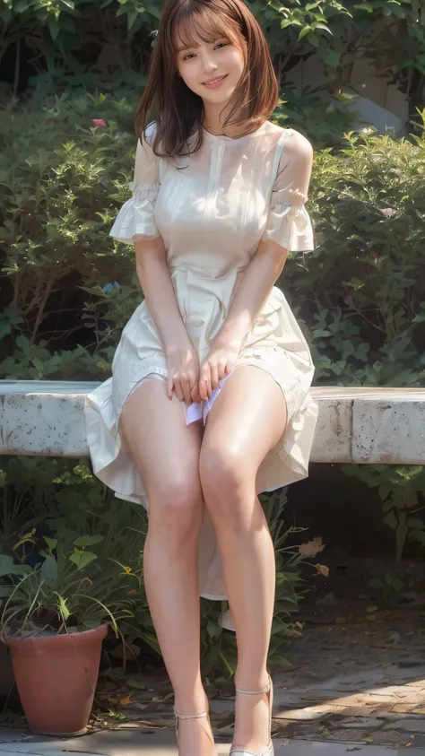 araffe woman sitting on a bench in a white dress, wearing a cute white dress, pretty face with arms and legs, wearing white dress, wearing a white dress, wearing a wet white short dress, legs visible, wearing a white flowing dress, beautiful legs, wearing ...