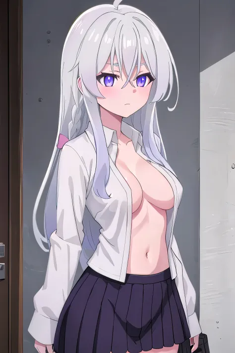 {Elaina_Mayonotabitab:1.10}, far away_Hair, fringe, Hair_between_eyes, blue_eyes,  gray_Hair,  White _Hair, Locked_Hair,  purple_eyes, 1 ,  open shirt showing breasts.