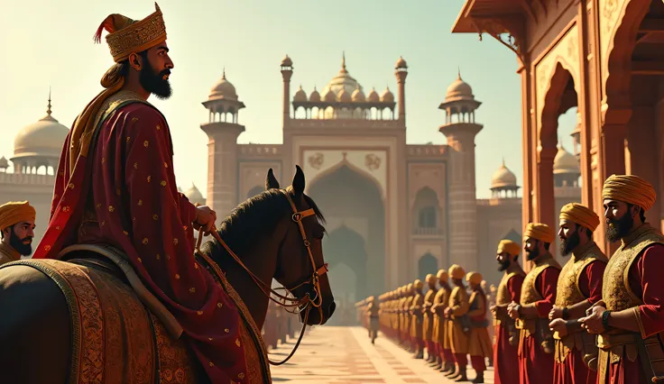 In the grand courtyard of Fatehpur Sikri, the majestic Mughal court stands tall, its intricate red sandstone architecture glowing under the golden hues of the afternoon sun. The imposing Boland Darwaja, with its towering arches and delicate carvings, forms...