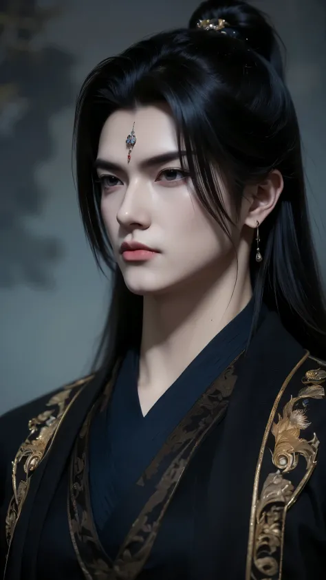 A beautiful portrait of Vuong Lam, exuding a cold, majestic demeanor mixed with a hint of loneliness. His deep, dark blue eyes reflect resilience, experience and an inscrutable inner world, representing a man whose life has been shaped by countless challen...
