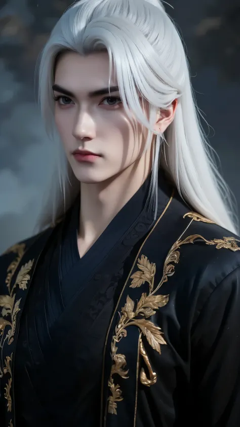 A beautiful portrait of Vuong Lam, exuding a cold, majestic demeanor mixed with a hint of loneliness. His deep, dark blue eyes reflect resilience, experience and an inscrutable inner world, representing a man whose life has been shaped by countless challen...