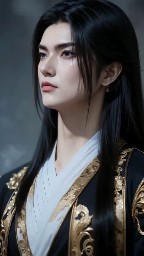 A beautiful portrait of Vuong Lam, exuding a cold, majestic demeanor mixed with a hint of loneliness. His deep, dark blue eyes reflect resilience, experience and an inscrutable inner world, representing a man whose life has been shaped by countless challen...