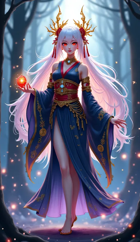 "A full-body Onmyoji-style Shikigami girl standing gracefully, shown entirely from head to feet in a vertical composition. She has long, flowing white hair with delicate golden ornaments, glowing red eyes, and an ethereal presence. Her eyebrows are thin an...