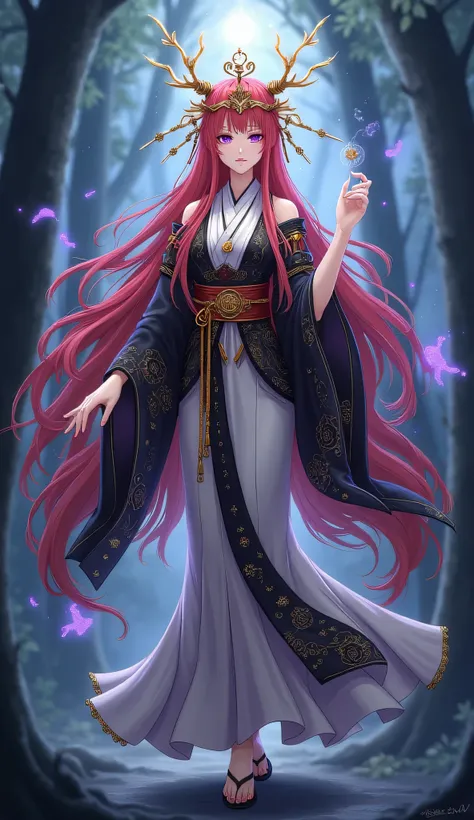 "A full-body Onmyoji-style Shikigami girl standing gracefully, shown entirely from head to feet in a vertical composition. She has long, flowing red hair with delicate golden ornaments, glowing violet eyes, and an ethereal presence. Her eyebrows are thin a...