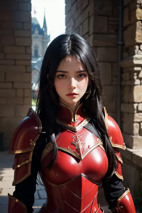 A beautiful woman. Twenty years old. Detailed drawing of the face. Black hair. She is looking at the camera with an angry expression. She is wearing red armor. She is inside the castle. A masterpiece.