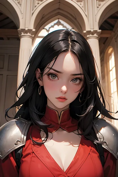 A beautiful woman. Twenty years old. Detailed drawing of the face. Black hair. She is looking at the camera with an angry expression. She is wearing red armor. She is inside the castle. A masterpiece.