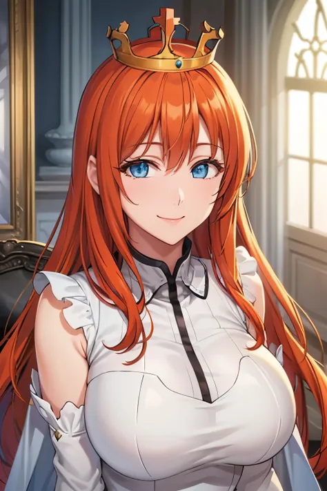 portrait, elegant mature woman, blue eyes, very long ginger hair, orange hair, big breast, ultra detailed cg 8k, beautiful cg, soft light, smiling, white dress, diamond collar, princess crown