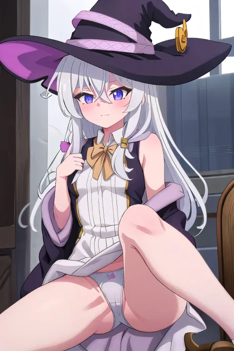 , {Elaina_Mayonotabitab:1.10}, far away_Hair, fringe, Hair_between_eyes, blue_eyes,  gray_Hair,  White _Hair, Locked_Hair,  purple_eyes, 1 ,  lifting her dress showing her panties, wearing a hat.