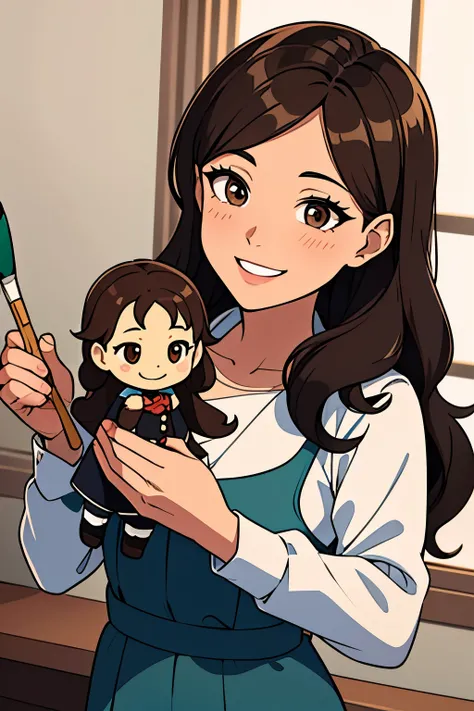 one with long brown and wavy hair split in half,  brown eyes. wearing a white puffy sleeve blouse and smiling delicately.  in her right hand she holds a black brush and in the other hand she holds a miniature doll