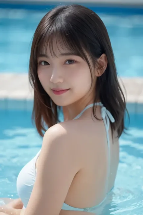 （(The bikini)), swim wears, The upper part of the body、Skin Color, middlebreasts, swimming pools, Wet hair, A smile, (8K, Raw photography, top-quality, ​masterpiece: 1.2), ​masterpiece, Super Detail, 超A high resolution, (Realistic and realistic photos: 1.3...