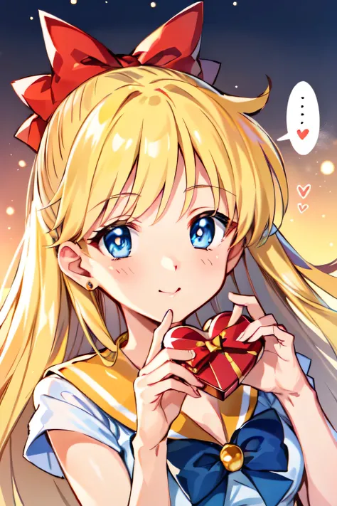 Masterpiece, top quality, Ultra Detailed, 8K, Anime, face focus, (Aino Minako), (Sailor Venus), blue eyes, long hair, orange hair,  smile, blush, orange Sailor, blonde long hair with red ribbon, incoming Valentine gift:1.1, looking slightly down at viewer,...