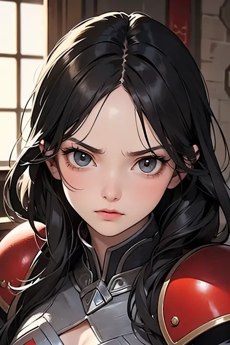 A beautiful woman. Twenty years old. Detailed drawing of the face. Black hair. She is looking at the camera with an angry expression. She is wearing red armor. She is inside the castle. A masterpiece.