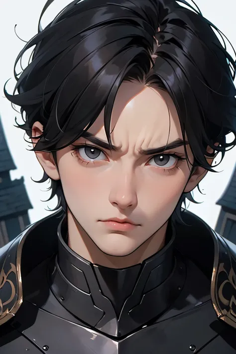 One beautiful man。late twenties。 black hair short hair。Detailed drawing of the face。 he's staring at the camera with an angry expression。 he's wearing elegant black armor 。He's in the castle 。
