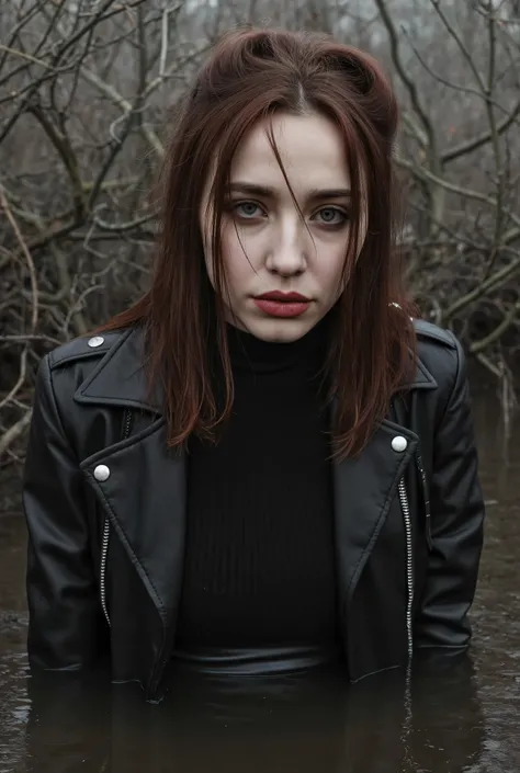 close-up portrait, masterpiece, award winner, surreal setting. A natural pale skin texture, fragile thin femme, messy hair, dressed in fitted short leather biker jacket and knitted turtleneck and leather pencil skirt. natural skin texture. Her melancholic ...