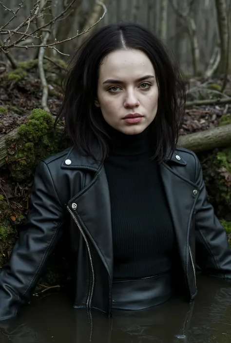 close-up portrait, masterpiece, award winner, surreal setting. A natural pale skin texture, fragile thin femme, messy hair, dressed in fitted short leather biker jacket and knitted turtleneck and leather pencil skirt. natural skin texture. Her melancholic ...