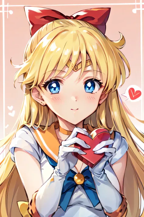 Masterpiece, top quality, Ultra Detailed, 8K, Anime, face focus, full front:1.3, (Aino Minako), (Sailor Venus), blue eye, smile, shy:1.3, blush:1.4, orange Sailor, blonde long hair with red ribbon, incoming Big Valentine gift:1.1, gazing at viewer, incomin...