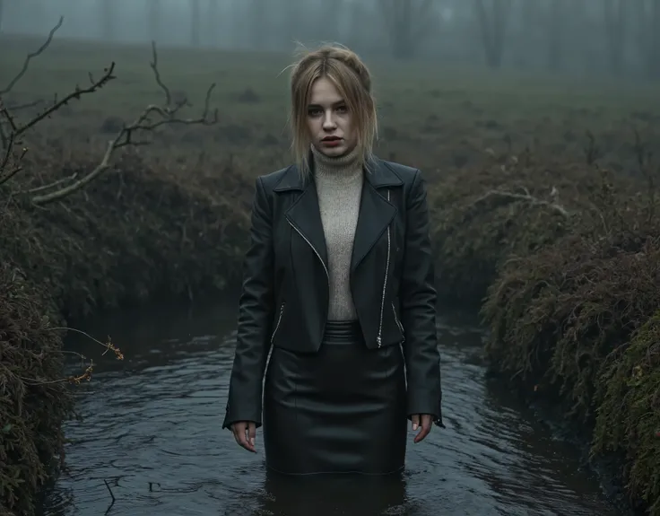 masterpiece, surreal foggy setting. A natural pale skin texture, fragile thin mid-aged diva, messy hair, dressed in fitted short leather biker jacket and knitted turtleneck and leather pencil skirt. natural skin texture. Her melancholic expression betrays ...