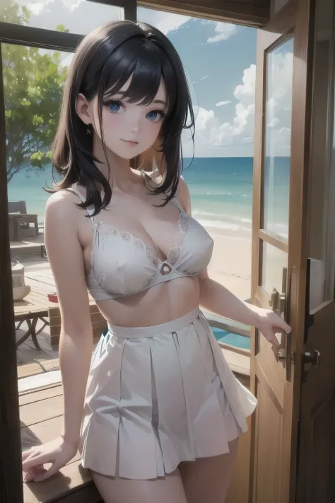 (( Masterpiece, top quality, super detailed,8k:1.5)),  very cute and beautiful girl standing by the window , medium boobs,Beautiful breasts, bulging nipples, no bra, White sundress with small frills, miniskirt,Her skirt is pulled up, skirt flip, I'm lookin...