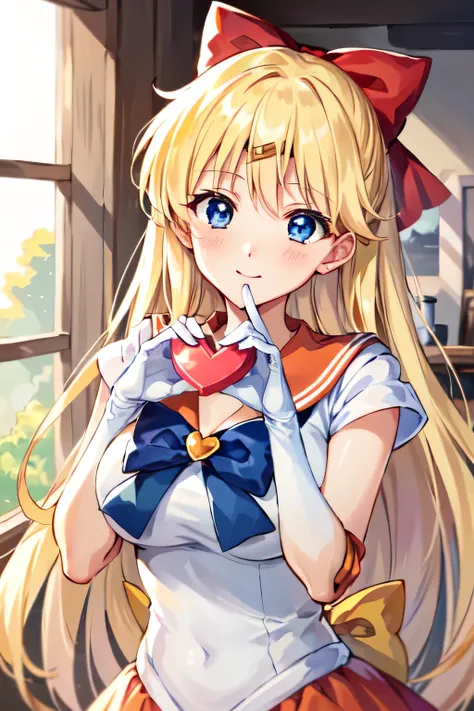 Masterpiece, top quality, Ultra Detailed, 8K, Anime, face focus, full front:1.3, (Aino Minako), (Sailor Venus), blue eye, smile, shy:1.3, blush:1.4, orange Sailor, blonde long hair with red ribbon, incoming Big Valentine gift:1.1, gazing at viewer, incomin...