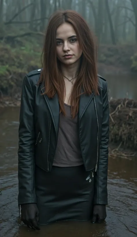 from afar view, A pale skin texture, fragile thin mid-aged diva, messy hair, dressed in fitted short leather biker jacket and tight t-shirt and leather pencil skirt. natural skin texture. Her melancholic expression betrays quiet surrender as she sinks into...