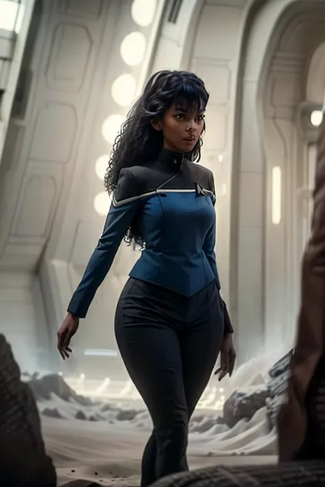 (a female crew member of the uss enterprise ncc - 1701), 1 female crew member of the uss enterprise ncc - 1701, in a forest, walking, ultra sharp focus, thin and slender limbs, thin and detailed blue eyes, blue skin, long and curly hair, black hair, medium...