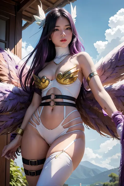 purple hair, long hair, hair ornament, belt, butterfly wings gauntlets, cleavage, garter straps, gauntlets, navel, shoulder pads, thighhighs,, sky, cloud,