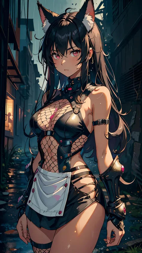 ((masterpiece, best quality)), (1girl, solo, anime girl in the ruins, night, rain),(mature, tan skin, fox ears), (solo), (female focus), (black hair, long hair, messy hair),pink eyes, ((black armor, fishnet clothes)), tan skin, evil, vicious, portraits, up...